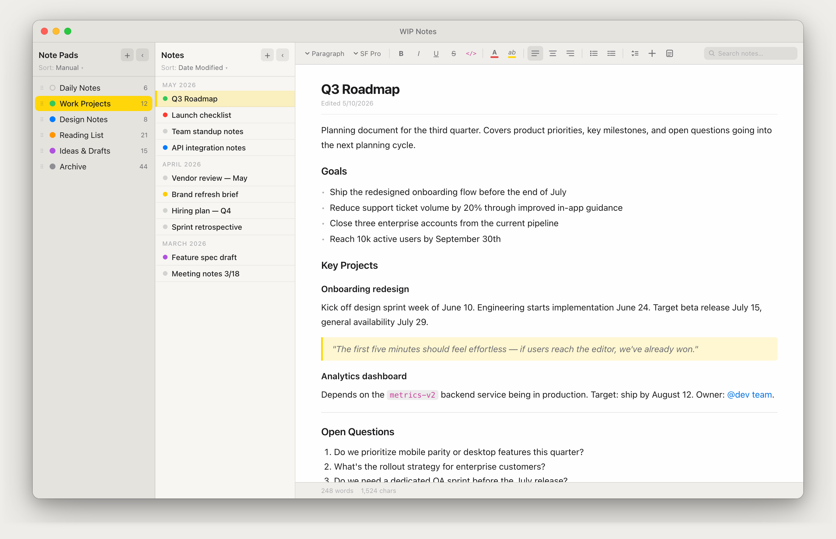 WIP Notes app — three-panel layout with Notebooks, notes list, and rich text editor