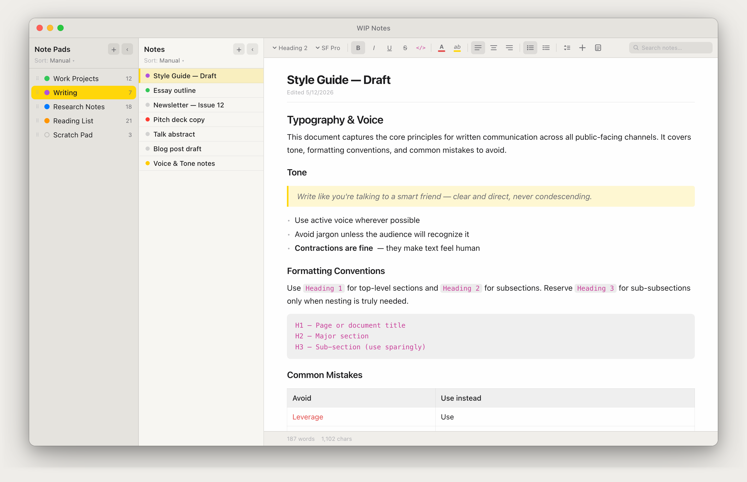 WIP Notes editor showing rich text formatting — headings, code blocks, blockquote, and a table