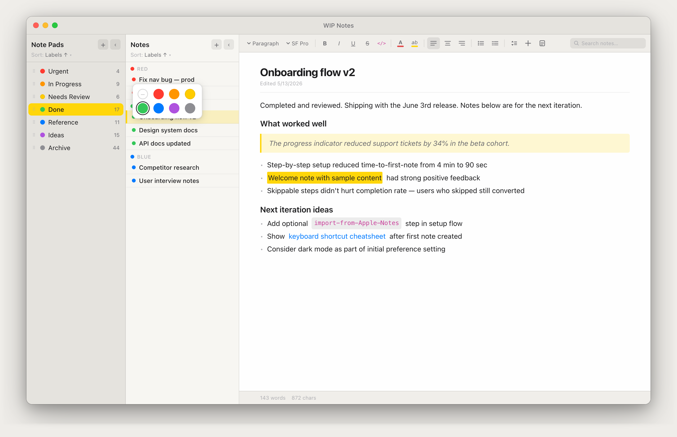 WIP Notes showing color labels across Notebooks and notes sorted by label, with the color picker open